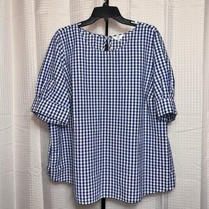 Crown & Ivy Women's Sz 3X Seersucker SS Blouse Blue & White Checked Pattern (D)
